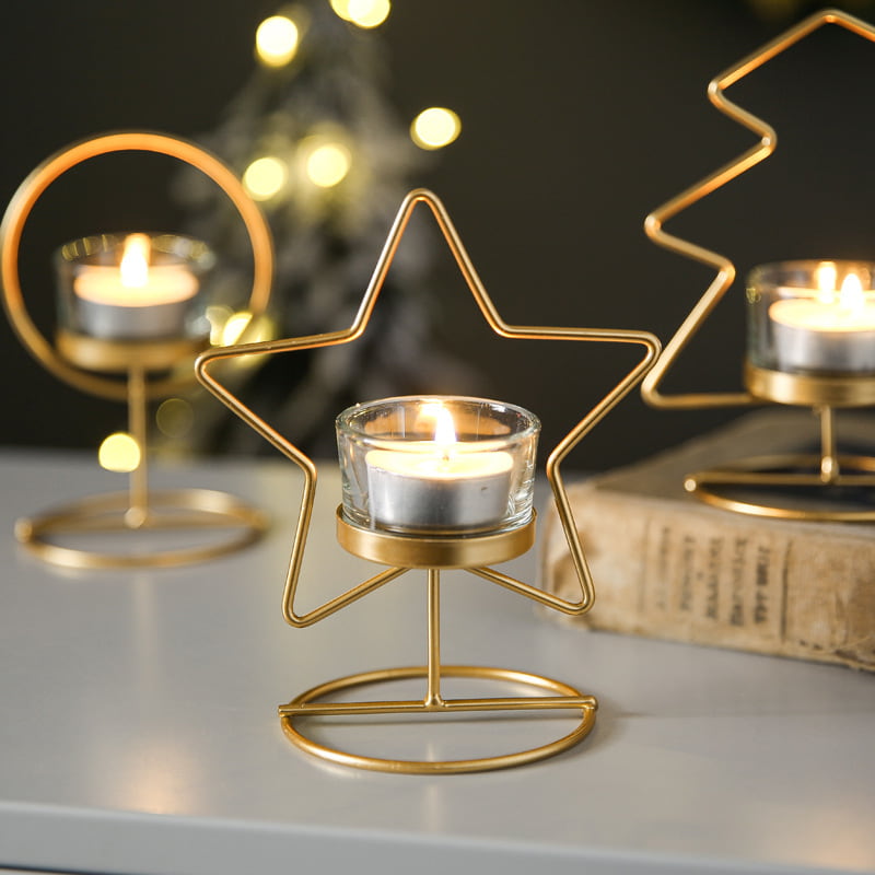 Tree Star Round Metal Candle Holder